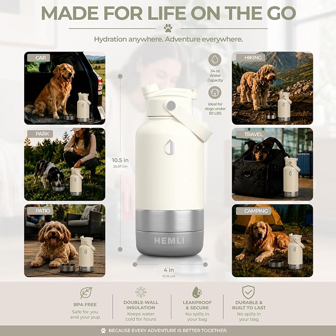 32 oz. Dog Water Bottle, Insulated Dog Travel Water Bottle, Stainless Steel Pet Water Bottle Dispenser Portable Food and Water Bowl for Dogs for Walking Dog Canteen Travel Kit