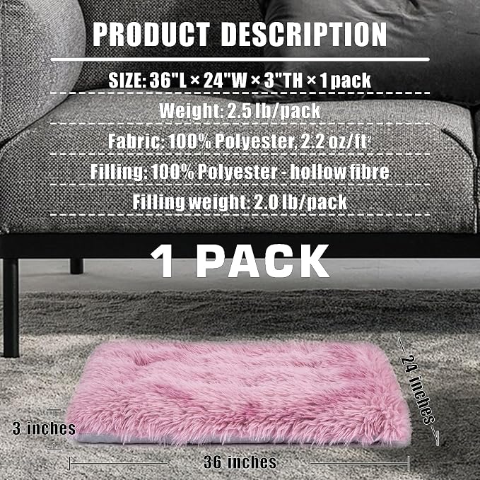 Machine Washable Dog Bed, Deluxe Plush Dog Crate Pad and Cat Bed, Anti-Slip Bottom Kennel Pad Mat, Fuzzy Pet Beds for Large, Medium, Small Dogs Breeds (Pink Mauve, 36.0"L x 24.0"W x 3.0"Th x 1 Pack)