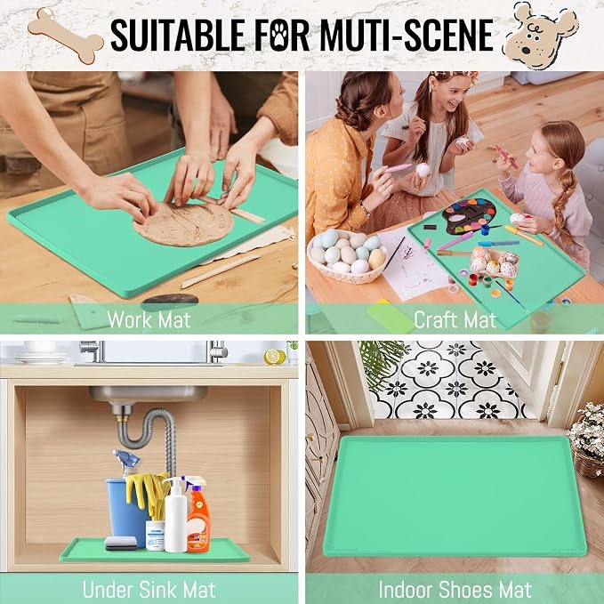 MateeyLife Dog & Cat Food Water Mat for Floors Waterproof, Nonslip Pets Bowl Feeding Mats with Raised Edges, Silicone Matt Tray for Messy Drinkers, 18"x12",MintGreen