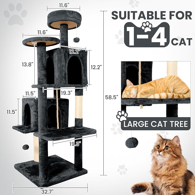 58.5inch Large Cat Tree Tower Condo for Indoor Cats, Soft Plush Multi-Level Climbing Tree Cat House with Cat Cave, Scratching Post, More Entrance/Exit, Sisal Rope, Grey Black