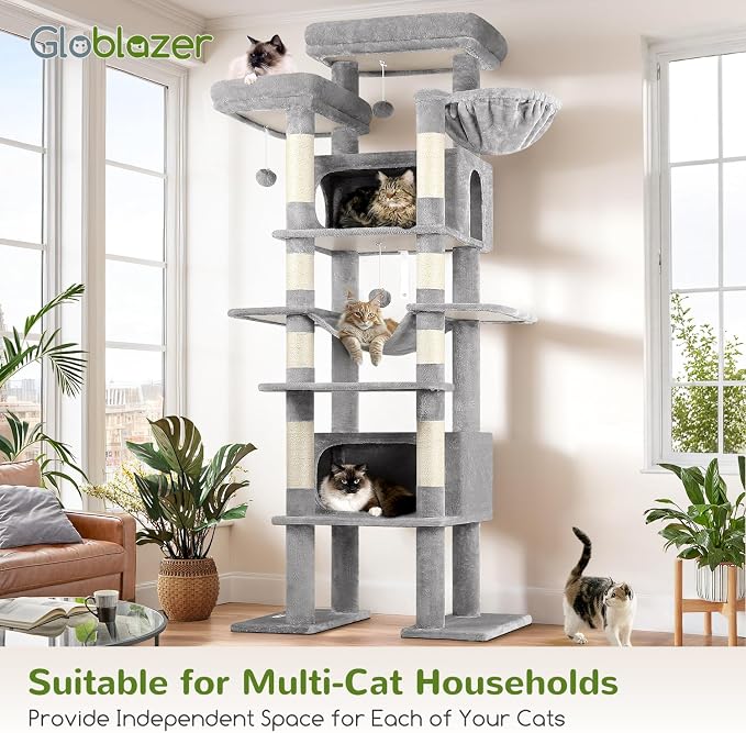 Globlazer Giant Tall Heavy Duty Cat Tower for Indoor Large Cats, F83B | XXL Multi-Level Large Cat Condo with 8 Scratching Posts, Hammock, 2 Cat Caves, 2 Platform, Light Grey