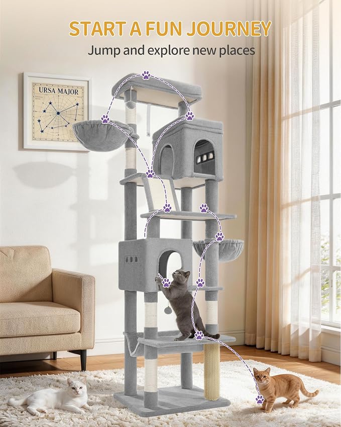 Hzuaneri Tall Cat Tree 75 Inch, Indoor Large Multi-Level Cat Tower | Cat Condo Furniture with 5 Scratching Post, 2 Hanging Basket, 2 Condo, 2 Large Platform, Pet Play House, Light Grey MS19018LG