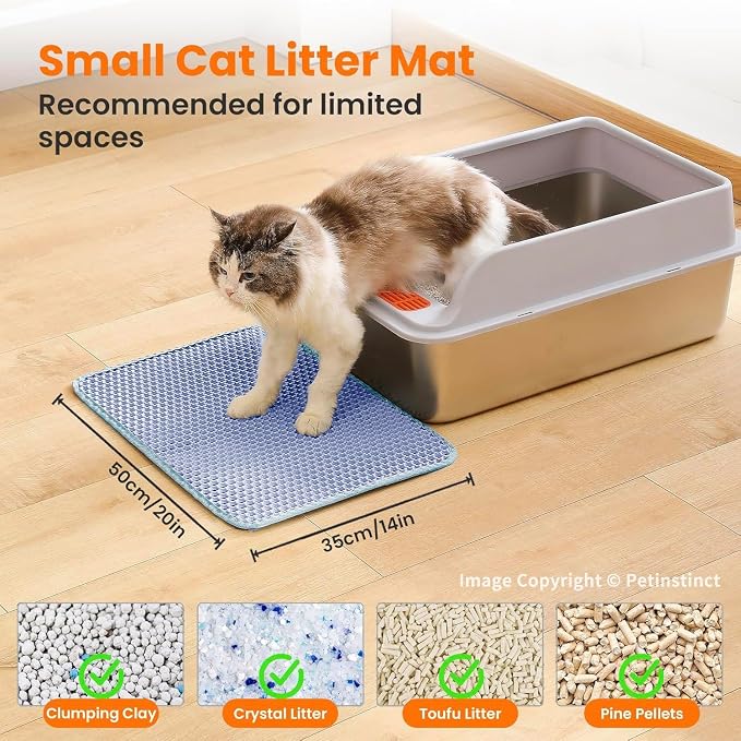 Small Cat Litter Mat, Double Layer Honeycomb Litter Box Mat | 20x14”, Reduces Litter Tracking, Waterproof, Non-Slip, Soft on Paws, Scratch Resistant, Easy to Clean, Blue