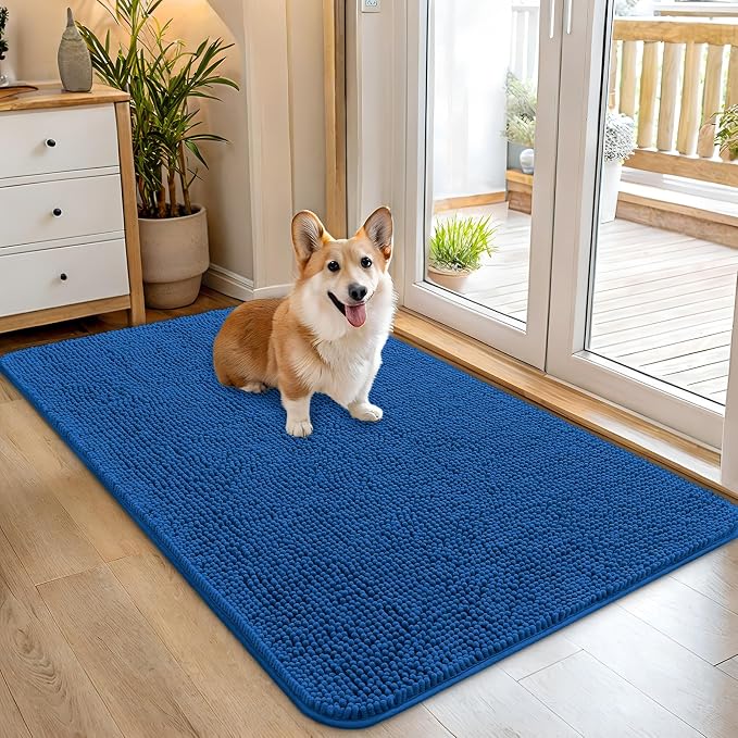 OLANLY Dog Door Mat for Muddy Paws 45x27, Super Absorbent Chenille Mud Mat | Deep Navy Blue, Absorbs Moisture and Dirt, Non-Slip Machine Washable Doormat, Quick-Dry Indoor Entryway Floor Carpet for Dogs