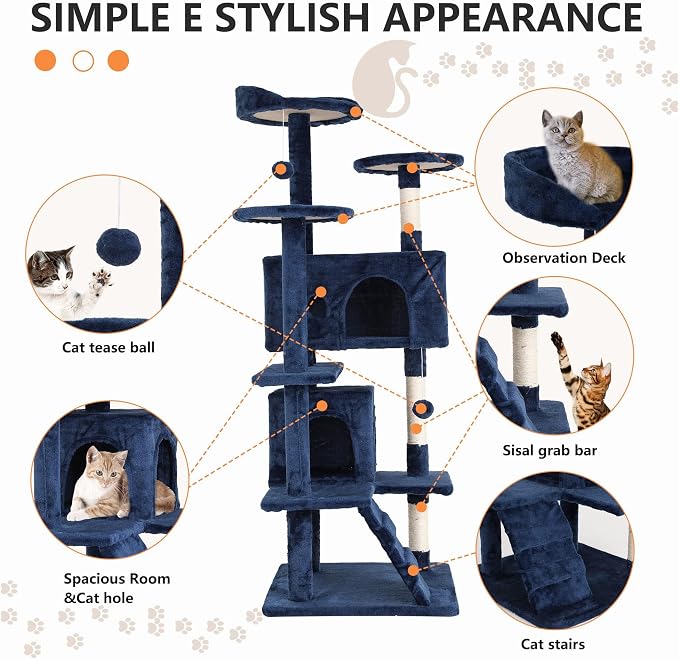 Cat Tree for Indoor Cats, Multi-Level Cat Tower with Scratching Posts & Cozy Condo, Space Saving Cat Activity Center, Durable Pet Play House (54in,Navy Blue)