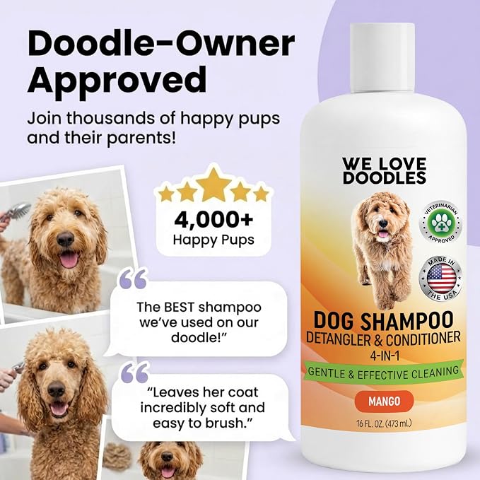 Dog Shampoo, Conditioner & Detangler, Hypoallergenic, Tearless, Mango, 16OZ | For Sensitive Itchy Skin, Best Shampoo For Smelly Dogs, Goldendoodle, Poodle & Doodle, Puppy Pet Wash Soap, USA Made, 4-in-1