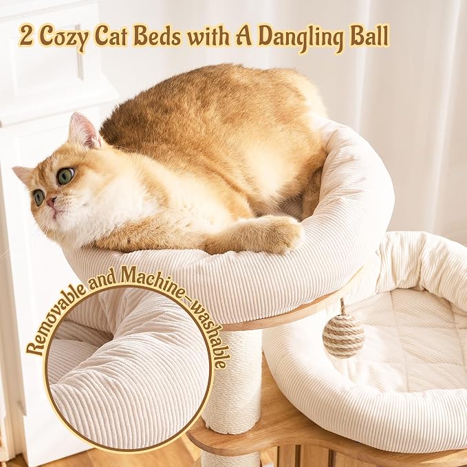 50" Modern Cat Tree for Indoor Cats Small to Medium, Solid Wood Cat Tower with Sisal Scratching Posts, Cat Scratcher Cardboard, Cozy Cat Beds & Hidden Cat Condo, Multi-Level Cat Furniture
