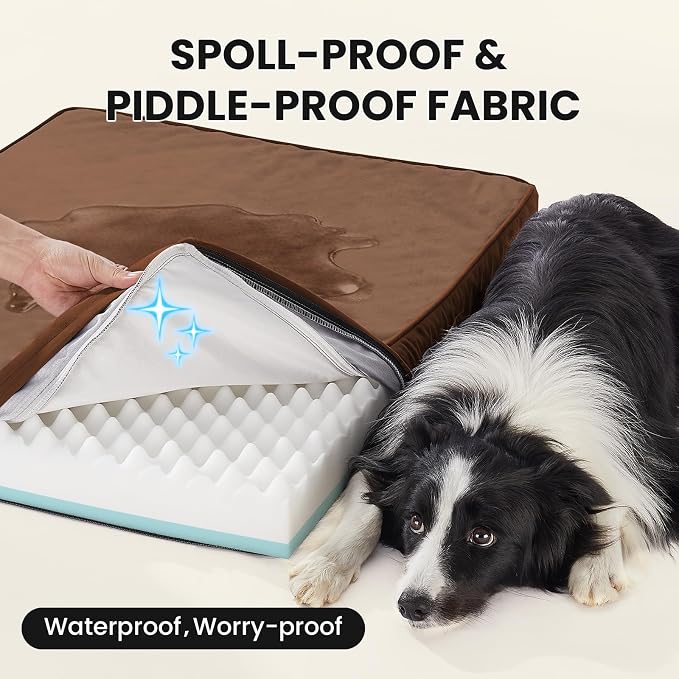 OhGeni Orthopedic Waterproof Dog Bed for Medium Large Dogs, Machine-Washable Removable Cover in Easy-Clean Fabric, Reversible Memory Foam & Easy-Carry Handle, Wider and Larger, 36 inch (Brown)