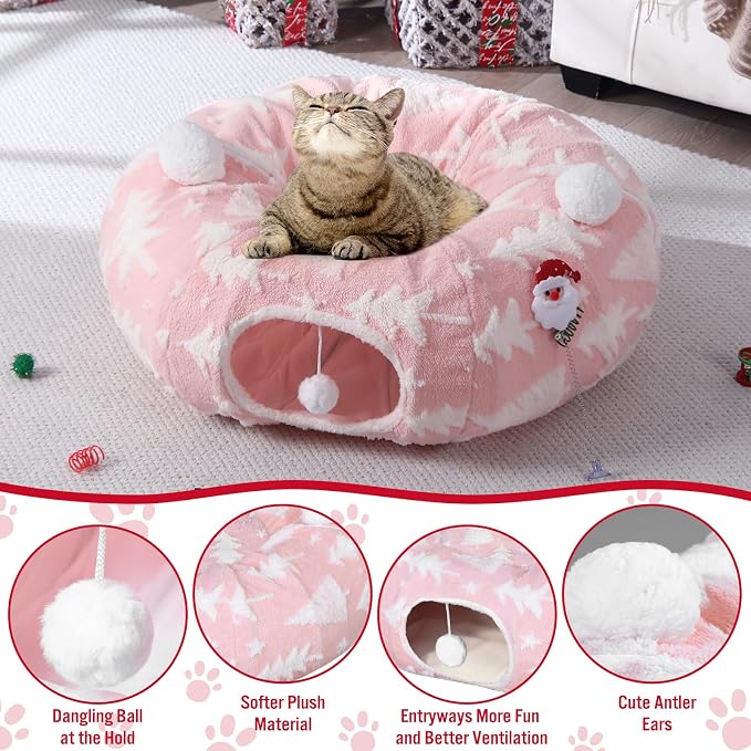 Dansydaisy Cat Tunnel Christmas Tree Skirt, Pink Christmas Tree Cat Tunnel Bed with Star and Toys, Hanging Pom Ball Plush Washable Cushion Peekaboo Playground for Small Medium Rabbit Xmas Decor