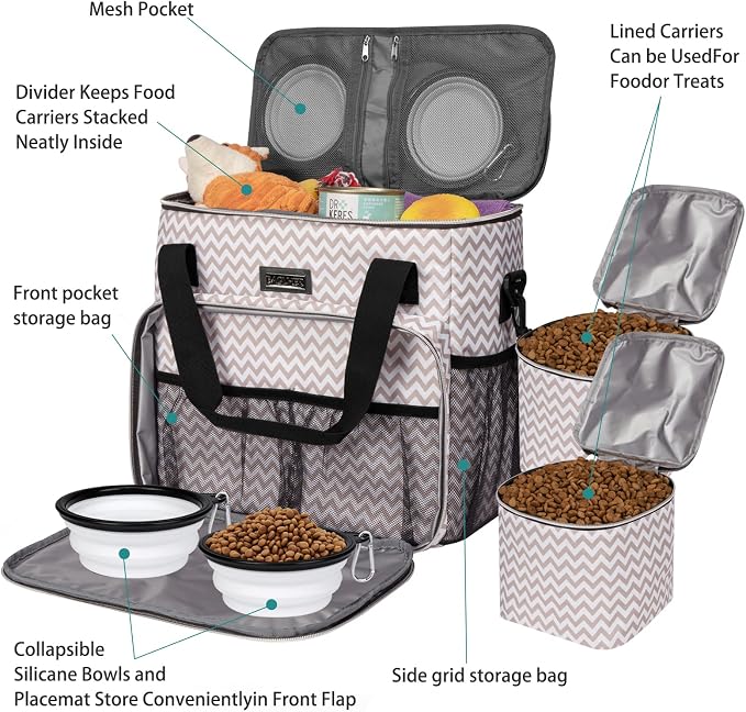BAGLHER Dog Travel Bag, Pet Travel Bag (ALL Pet Travel Supplies), With 2 Pet Food Containers and 2 Collapsible Silicone Bowls; Essential Kits for Travel BLW