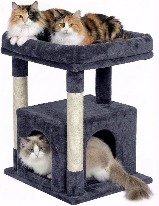 23.6" Cat Tree for Large Cat, 19 * 15.8 in Large Perch, Dark Gray | Cat Tower with Scratching Post, 2-door Cat Condo for Adult Indoor Cats, Easy to Clean and Install, Assembly tools included