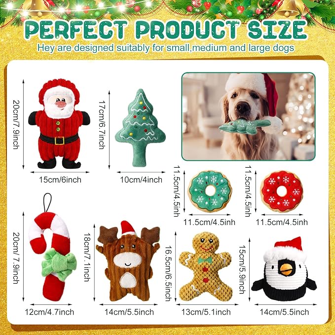 8 Pack Christmas Dog Toys Durable Squeaky Dog Toys for Puppy Christmas Interactive Stuffed Animal Plush Chew Toys with Squeaker for Small Medium Large Dogs Teeth Cleaning