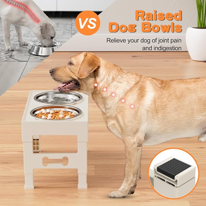 Elevated Dog Bowls with 2 Stainless Steel Bowls, 5-Height Adjustable Stand (3.1", 9" to 12"), for Improved Digestion & Neck Support, Easy Clean, Non-Slip Base Raised Feeder for Medium Large Dogs