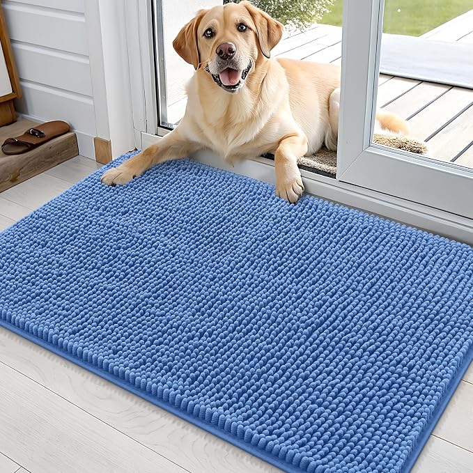 OLANLY Dog Door Mat for Muddy Paws 36x24, Super Absorbent Chenille Mud Mat | Cornflower Blue, Absorbs Moisture and Dirt, Non-Slip Machine Washable Doormat, Quick-Drying Indoor Entryway Carpet for Dogs