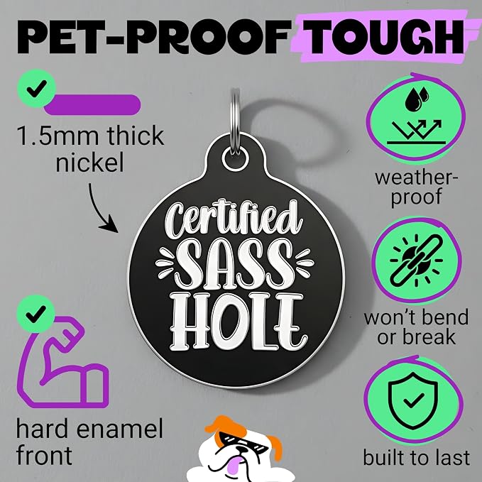 Bad Tags Personalized Dog and Cat ID Tags in 25+ Designs and 2 Sizes - 5 Lines of Custom Engraved Text - Funny Cute Personalized Pet Tags (Certified Sass Hole, Large (1.25 inch))