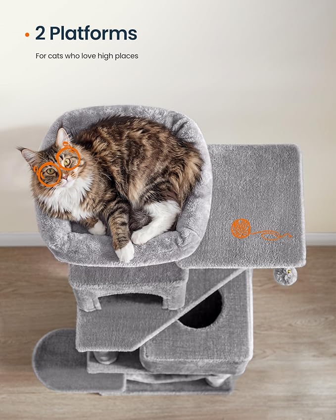 SONGMICS HOME Cat Tree for Indoor Cats, Multi-Level Cat Tower with Sisal Scratching Posts, Hammock and Condo, Light Gray