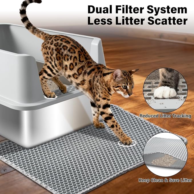 XL Stainless Steel Litter Box with High Sides, Extra Large Metal Cat Litter Box for Big Cats, Anti-Urine Leakage, Easy Clean, Non-Sticky, Includes Scoop & Mat