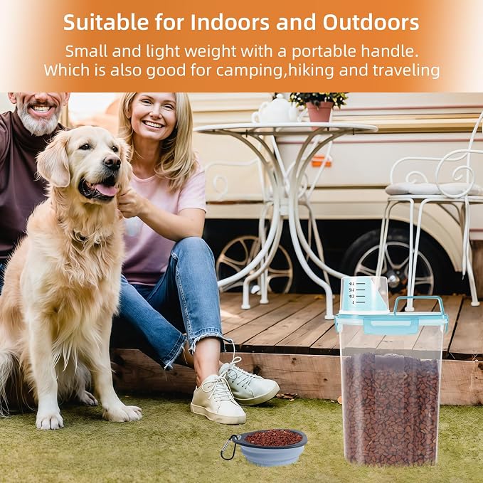 LEAWALK 3-5Lbs/3Qt Dog Cat Food Storage Container With Foldable Bowl., Plastic Pet Food Dispenser for Small Animal Kibble/Pet Food/Bird Seed/Oatmeal/Rice/Flour/Brown Sugart/Cereals (Clear Bule)