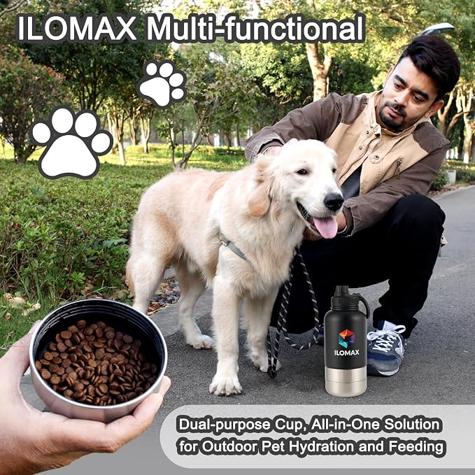 ILOMAX 3-in-1 Insulated Dog Travel Water Bottle, Stainless Steel, with Food & Water Bowls + Extra Magnetic Lid, Leak-Proof, Keeps Drinks Cold 12H/Hot 6H, Portable Hydration, 32oz (Black)