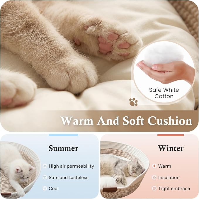 YOUDENOVA Cat Bed Basket with Removable Cushion,Stimulicat Handwoven Cat&Dog Basket,Cat Beds for Indoor Cats Couch, Kitten Bed for Medium and Large Cat, All Season Universal