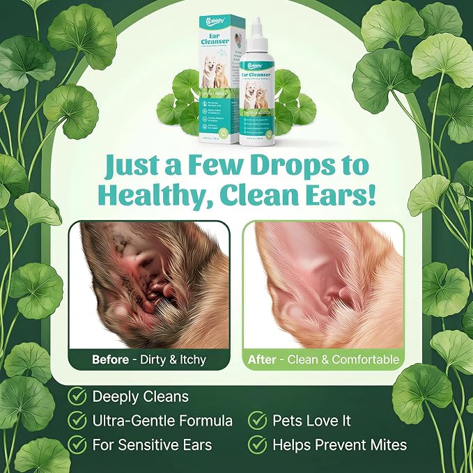 Cabishy Dog & Cat Ear Cleaner for Itchy, Smelly Ears – Gentle Ear Wax Removal & Soothing Ear Wash with Centella Asiatica, Alcohol-Free Pet Ear Cleaning Solution for Dogs & Cats (4oz)