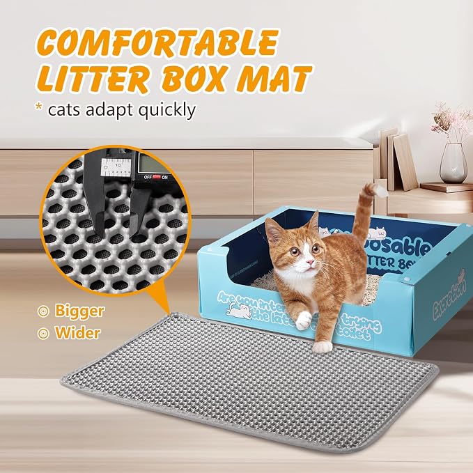 ondware Cat Litter Mat 24 x 15 in, Double Layer, Waterproof, Gray | Honeycomb EVA litter trapper, urine-proof non-slip base, soft on paws, easy shake or rinse clean
