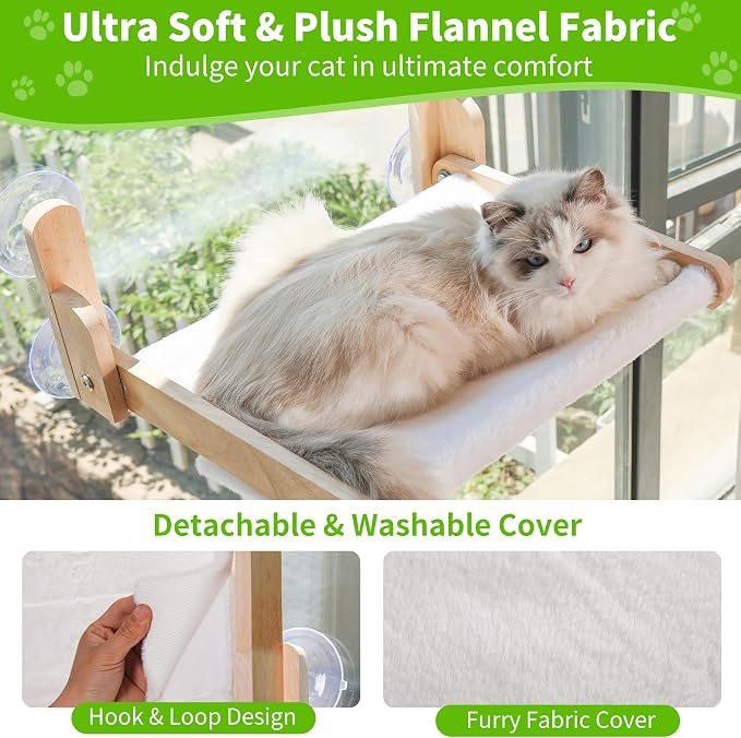 Cat Window Perch, Foldable Cat Hammock with Faux Rabbit Fur Cover | Wooden frame, four suction cups and removable washable cushion; no-drill setup, 20.47 x 14.96 in resting area for large cats.