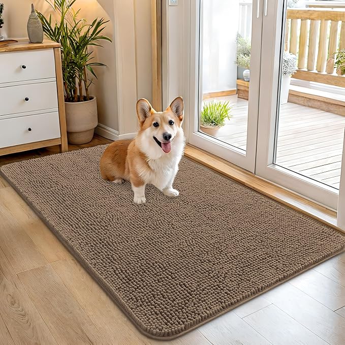 OLANLY Dog Door Mat for Muddy Paws 45x27, Super Absorbent Chenille Mud Mat | Tan, Absorbs Moisture and Dirt, Non-Slip Machine Washable Doormat, Quick-Drying Indoor Entryway Floor Carpet for Dogs
