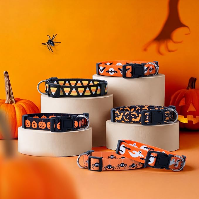Native Pup Halloween Dog Collar- Spooky Fall Themed Horror Costume Collars- Skull, Pumpkin, Ghost, Bat, Witch, Candy Corn, Spider- Adjustable for Small, Medium, Large Breeds (Large, Spiders)
