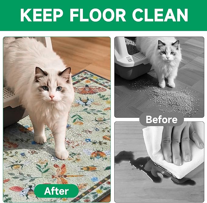 Cat Litter Mat, 24" x 16" Litter Mat, Traps 100% Litter, Non-Slip Litter Box Trapping Mat, Cute Decor Mat, Easy Clean for Scatter Control, Waterproof Urine Protection