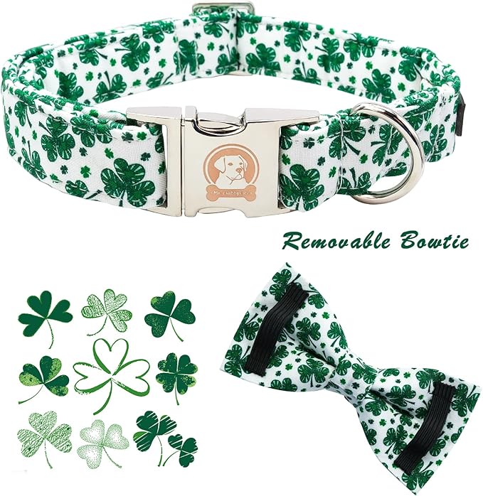 ·MR. CHUBBYFACE· St.Patrick's Day Dog Collar Green Clovers Adjustable Dog Collar Bow Tie for Small Medium Large Dogs