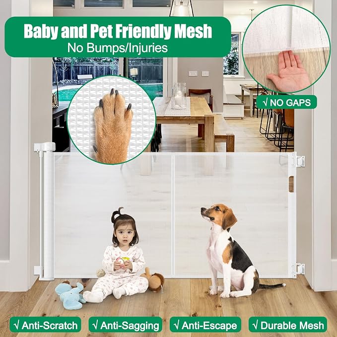 Reinforced 50" Wide Retractable Baby Gates for Doorways, Retractable Dog Gate for Stairs with Support Rods – Prevent Crawling Under, Outdoor Indoor Mesh Baby Gate Retractable Gates for Dogs, White