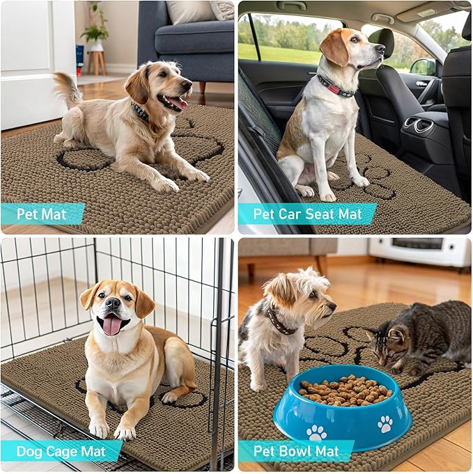 OLANLY Dog Door Mat for Muddy Paws 70x24, Paw Print Design Chenille Mud Mat | Tan, Super Absorbent, Traps Moisture and Dirt, Non-Slip Washable Doormat, Quick-Drying Indoor Entryway Floor Carpet for Dogs