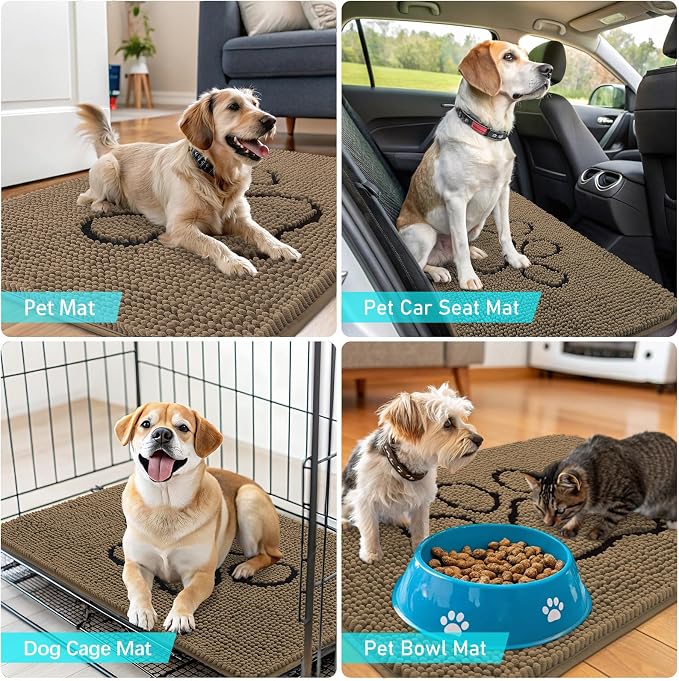 OLANLY Dog Door Mat for Muddy Paws 30x20, Paw Print Design Chenille Mud Mat | Tan, Super Absorbent, Traps Moisture and Dirt, Non-Slip Washable Doormat, Quick-Drying Indoor Entryway Floor Carpet for Dogs