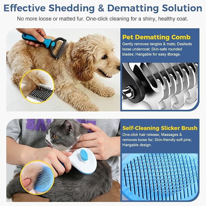11 Piece Dog Grooming Kit - Hair, Nail, Massage Bath Supplies For Pets Cats | slicker dog brush for shedding，comb, undercoat rake, nail clipper tool, towel, scrubber gloves, scissors, all in one fur care