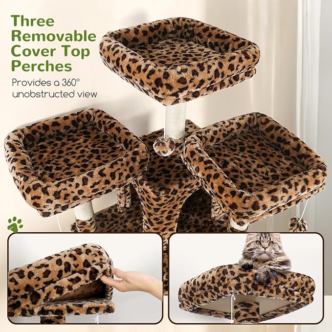 Globlazer Cat Tree Tower for Multiple Adult Cats, 82in, F82, Leopard Print | XXL Tall Cat Tree Tower for Indoor Cats with Scratching Post, 3 Perches, 2 Condos, 2 Hanging Baskets