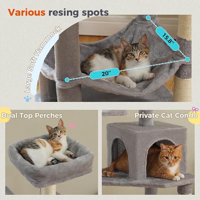 PEQULTI 56.3'' Cat Tree for Indoor Cats, Multi-Level Cat Tower with 2 Top Perch, Cat Condo, Hammock and Sisal-Covered Scratching Post