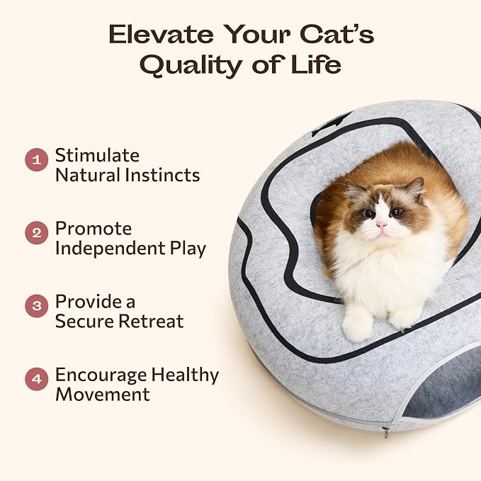 Peekaboo Cat Cave Donut - Cat Tunnel Bed for Indoor Cats – Cute Patterns Hideaway for Multiple & Large Cats, Scratch-Resistant (Light Gray)