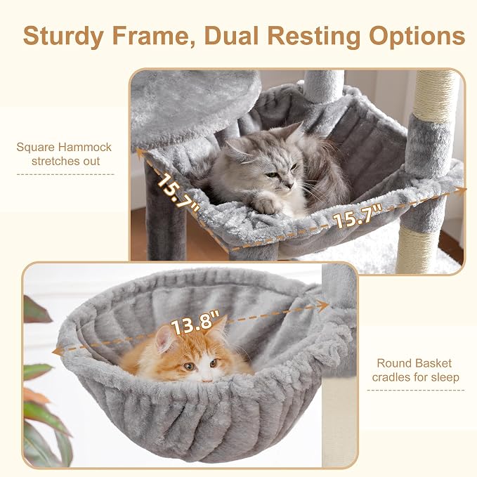 Heybly Cat Tree, 76-Inch Tall Heavy Duty Cat Tower for Big Cats HCT039W | Multi-Level Large Cat Furniture with Extra Wide Baseboard, 2 Condos & 2 Hammocks, 10 Scratching Posts, Light Gray