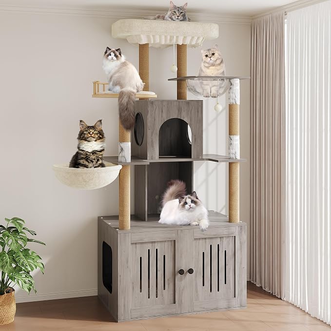 Cat Tree with Litter Box Enclosure, Multi-Level Cat Tower with Hidden Litter Box Furniture, Large Plush Top Perch, Sisal Scratching Posts, Cat Condo & Hammock for Indoor Cats, Living Room,Grey