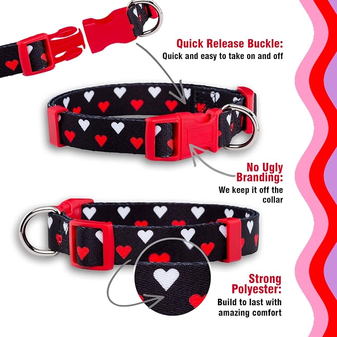 Native Pup Valentine’s Dog Collar- Valentines Day Pet Collars- Valentine Girly Hearts- Pink Red Heart- Cute Boy Girl Puppy Gift- Adjustable for Small, Medium, Large Breeds (White & Red Hearts, Small)