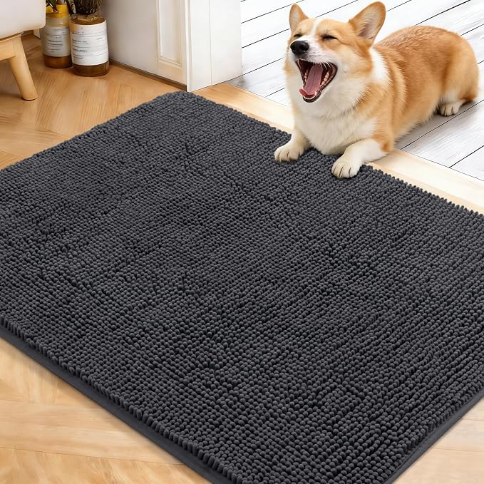 OLANLY Dog Door Mat for Muddy Paws 40x32, Super Absorbent Chenille Mud Mat | Dark Grey, Absorbs Moisture and Dirt, Non-Slip Machine Washable Doormat, Quick-Drying Indoor Entryway Floor Carpet for Dogs