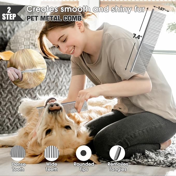 Bonteck Dog Slicker Brush for Dogs Grooming Kit 5PCS | Large Dog Brush for Goldendoodles Poodles Doodles | Long Pin Haired Brush | Poodle Brushes and Comb (Blue)