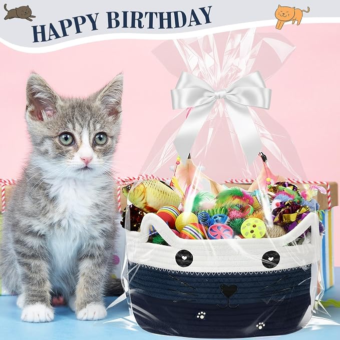 Zopeal 76 Pcs Cat Storage Basket Gift Toys Set Interactive Cat Toys Kitten Wand Colorful Flashing Balls Pet Crinkle Balls Attract Kitten to Swat, Hunt for Pet Indoor(Blue)