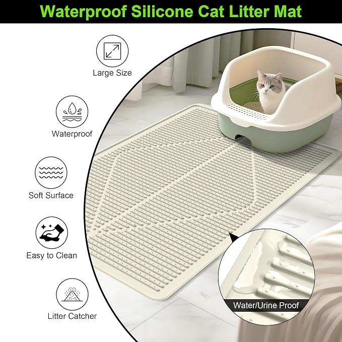 Mofason Cat Litter Mat XXL, Pearl Waterproof Litter Box Mats Extra Large | Washable 38"x25" silicone kitty litter box mat for floor; jumbo extra large pet trapping rug pad, cat litter matt easy clean