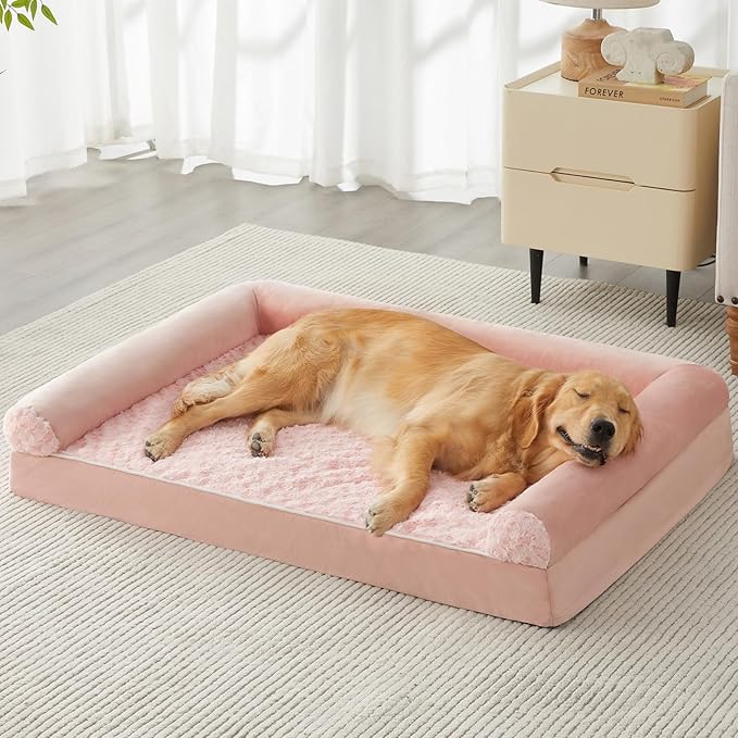 BFPETHOME Orthopedic Washable XXL Dog Bed for Senior Dog Cozy Sleep | Extra Large Waterproof Big Soft Pet Couch Bed for Dogs Relax with Removable Cover Supportive Egg Crate Foam Pink 48x35 Inch