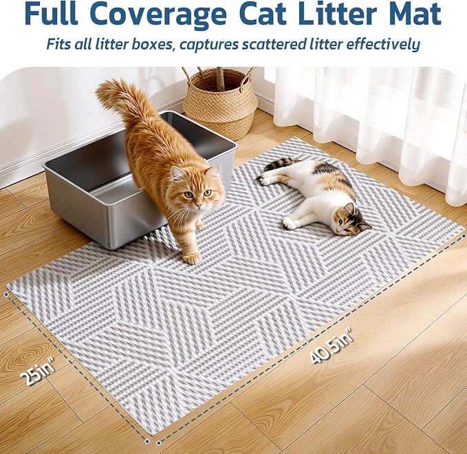 Cat Litter Mat, 40"x25" Jumbo Foam Litter Box Mat | Extra Large Coverage, Soft on Paws, Trimmable Design, BPA-Free Foam, Leak-Proof, Machine Washable, Beige Geo