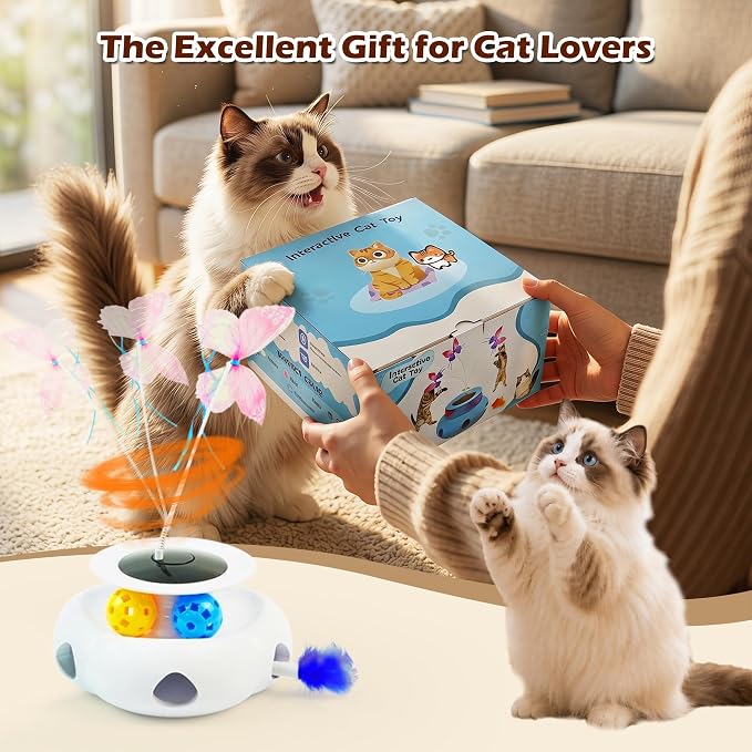 3-in-1 Interactive Cat Toy with Remote Control, Butterfly Wand & Automatic retractable feathers & Rolling Ball Track, Multi-functional Cat Toy for Indoor Cats, Suitable for Bored kitten, white