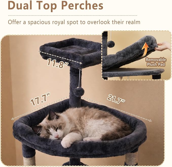 Heybly 64.2" Heavy-Duty Cat Tree for Large Cats with Wide Base HCT027G | Indoor Cat Tower with Scratching Posts & Board, Cat Furniture with Big Platforms, Extra-Large Hammock, Smoky Gray
