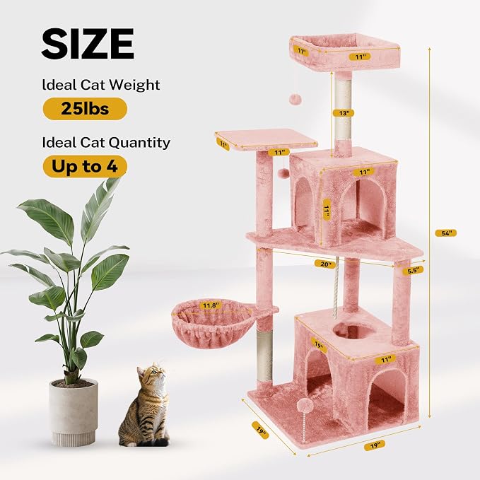 Cat Tree 54-Inch Cat Tower with Padded Plush Perch 2 Comfy Caves, Scratching Posts, Basket, 2 Pompoms, Multi-Level Plush Cat Condo for Indoor Cats Kittens, Pink